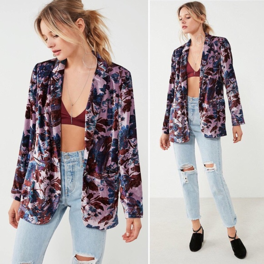 UO | Morris Floral Purple Velvet Gem Stone Blazer